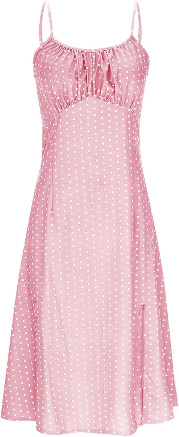 Womens Polka Dot High Split Midi Dresses Square Neck Spaghetti Strap Tie Halter Dress Summer Beach Y2k Sun Dresses
