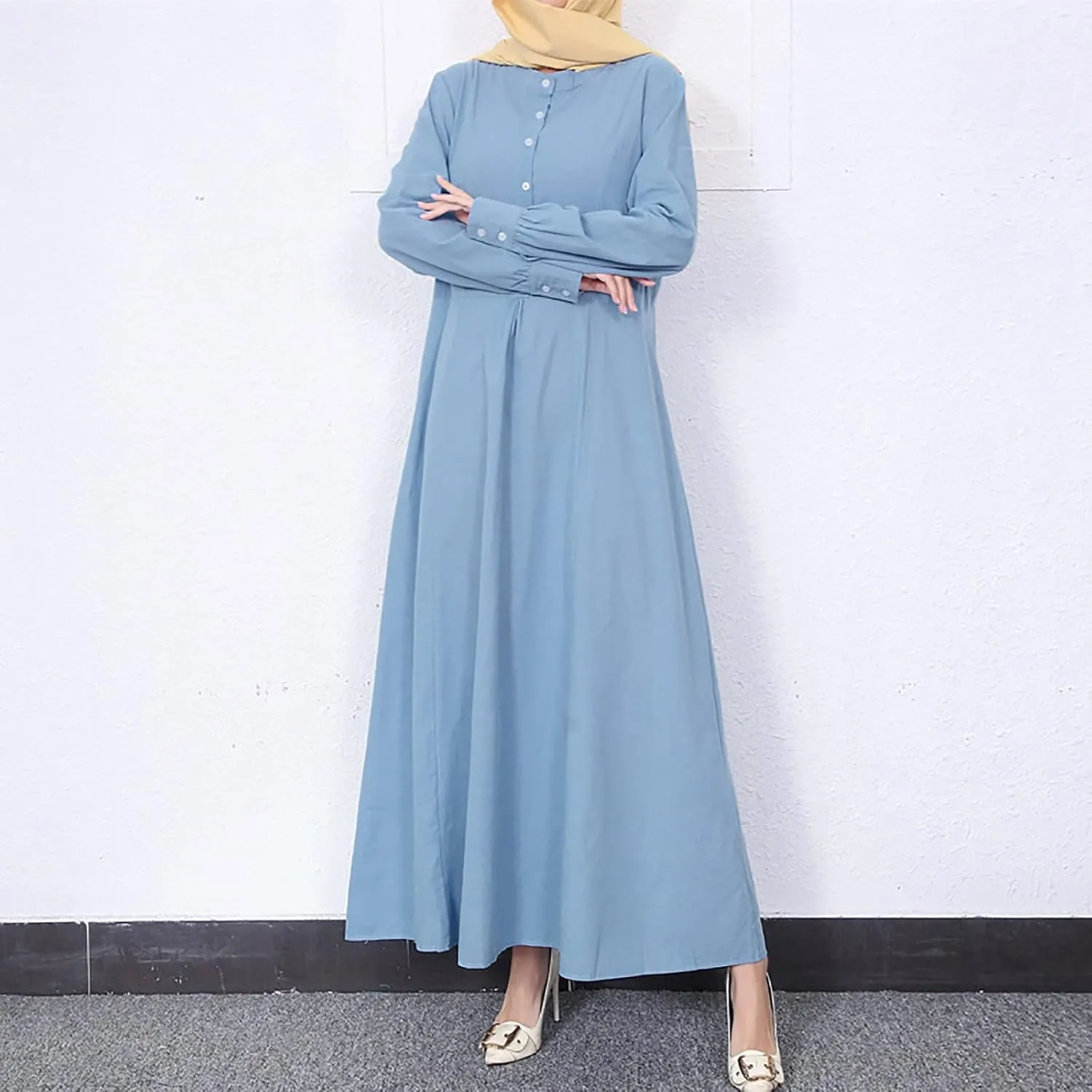 Women's Retro Kaftan Abaya Dress Muslim Long Sleeve Crew Neck Split Maxi Dress Islamic Arab Jilbab with Pockets