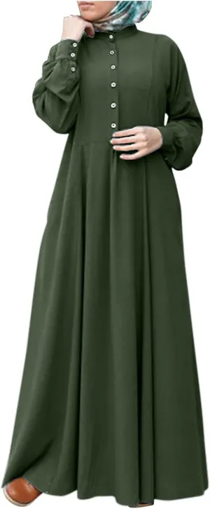 Women's Retro Kaftan Abaya Dress Muslim Long Sleeve Crew Neck Split Maxi Dress Islamic Arab Jilbab with Pockets