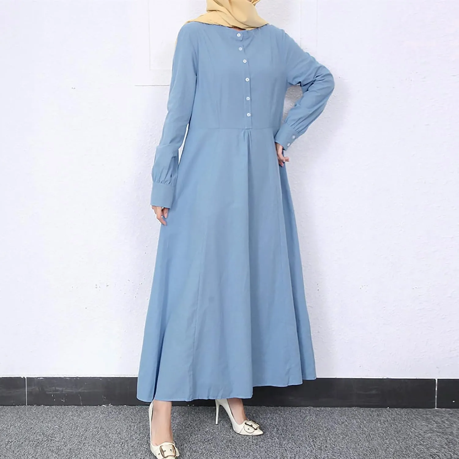 Women's Retro Kaftan Abaya Dress Muslim Long Sleeve Crew Neck Split Maxi Dress Islamic Arab Jilbab with Pockets