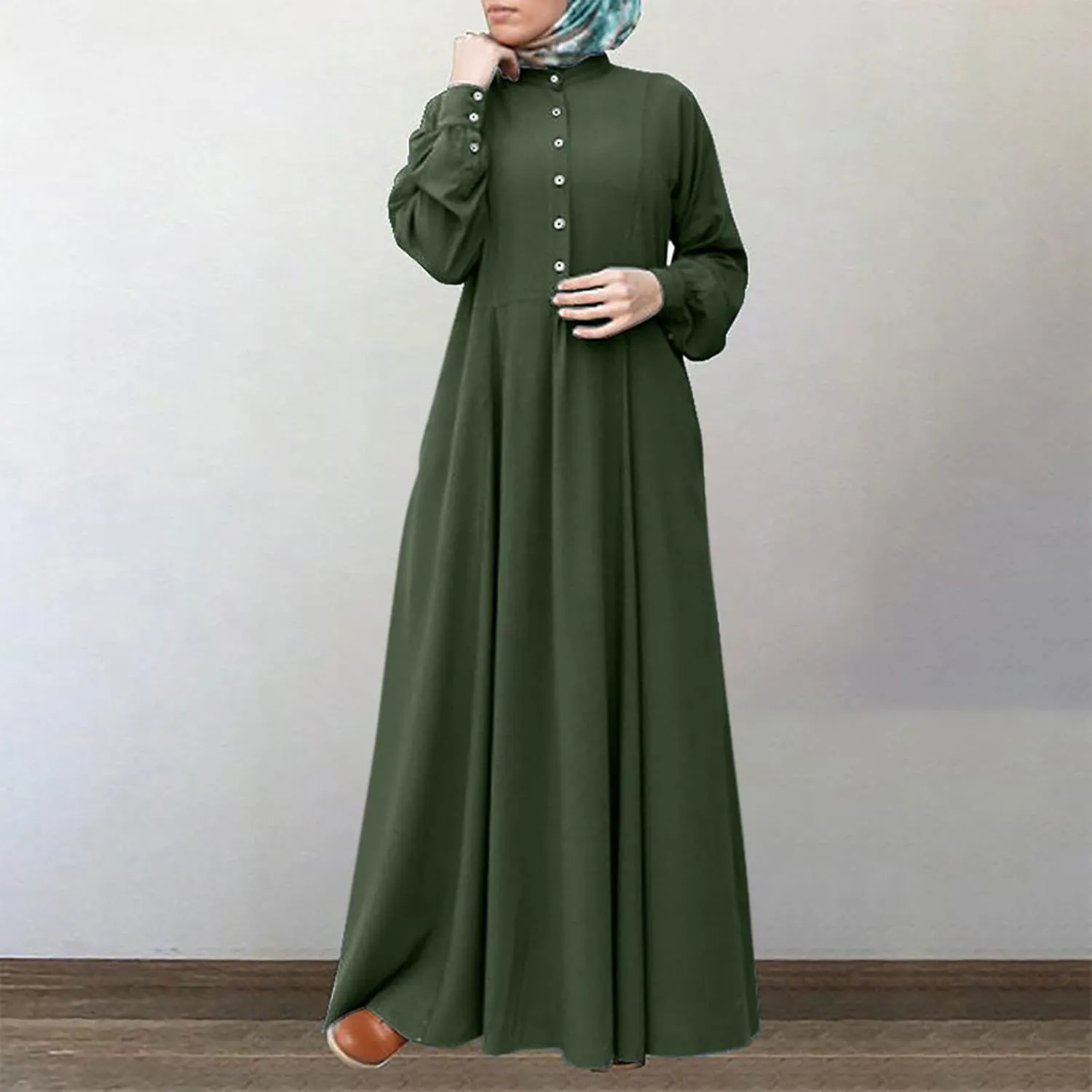 Women's Retro Kaftan Abaya Dress Muslim Long Sleeve Crew Neck Split Maxi Dress Islamic Arab Jilbab with Pockets