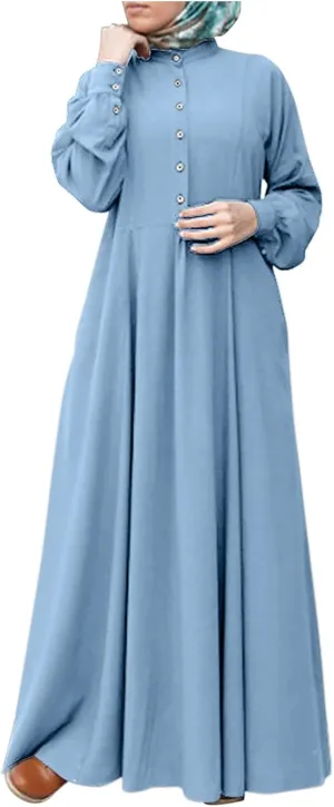 Women's Retro Kaftan Abaya Dress Muslim Long Sleeve Crew Neck Split Maxi Dress Islamic Arab Jilbab with Pockets