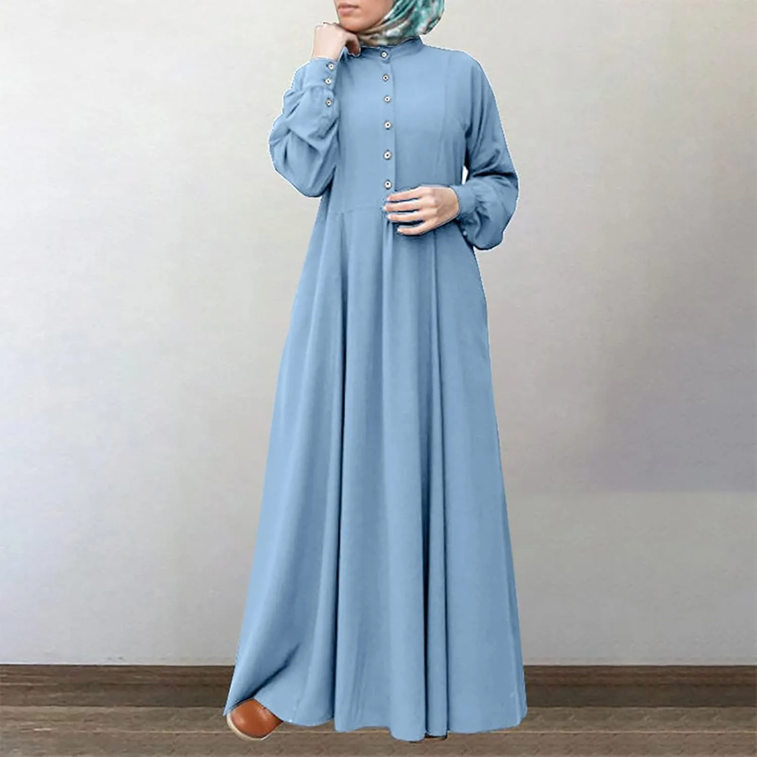 Women's Retro Kaftan Abaya Dress Muslim Long Sleeve Crew Neck Split Maxi Dress Islamic Arab Jilbab with Pockets
