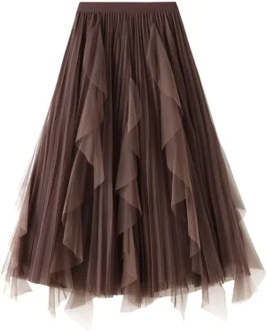 Women's Ruffled Tulle Midi Skirt High Waist Pleated A-line Skirt for Elegant and Casual Occasions 2025 Summer Fashion