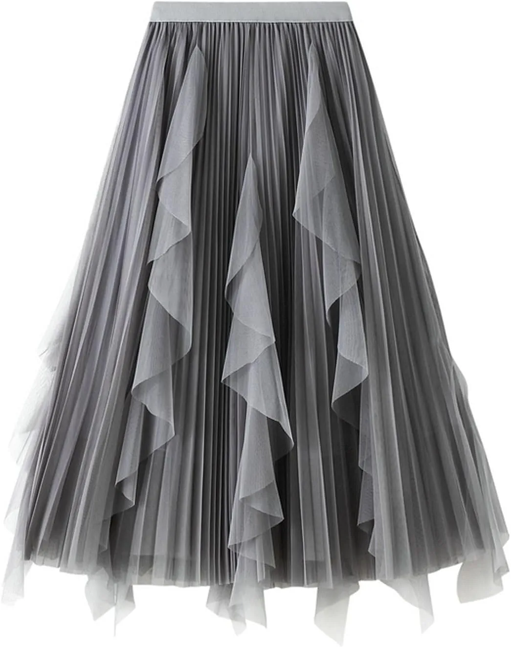 Women's Ruffled Tulle Midi Skirt High Waist Pleated A-line Skirt for Elegant and Casual Occasions 2025 Summer Fashion