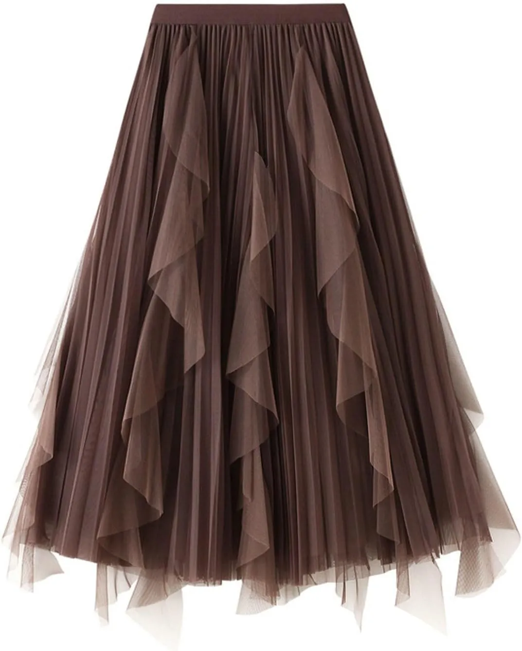 Women's Ruffled Tulle Midi Skirt High Waist Pleated A-line Skirt for Elegant and Casual Occasions 2025 Summer Fashion