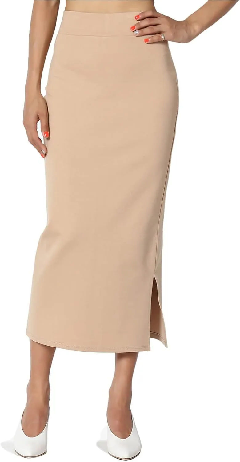 Women's S~3X Side Slit Ponte Knit High Waist Mid Calf Long Pencil Skirt Sweatshirt Skirt
