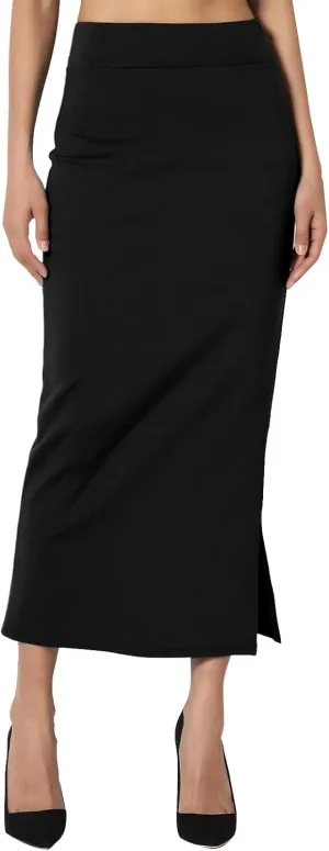 Women's S~3X Side Slit Ponte Knit High Waist Mid Calf Long Pencil Skirt Sweatshirt Skirt