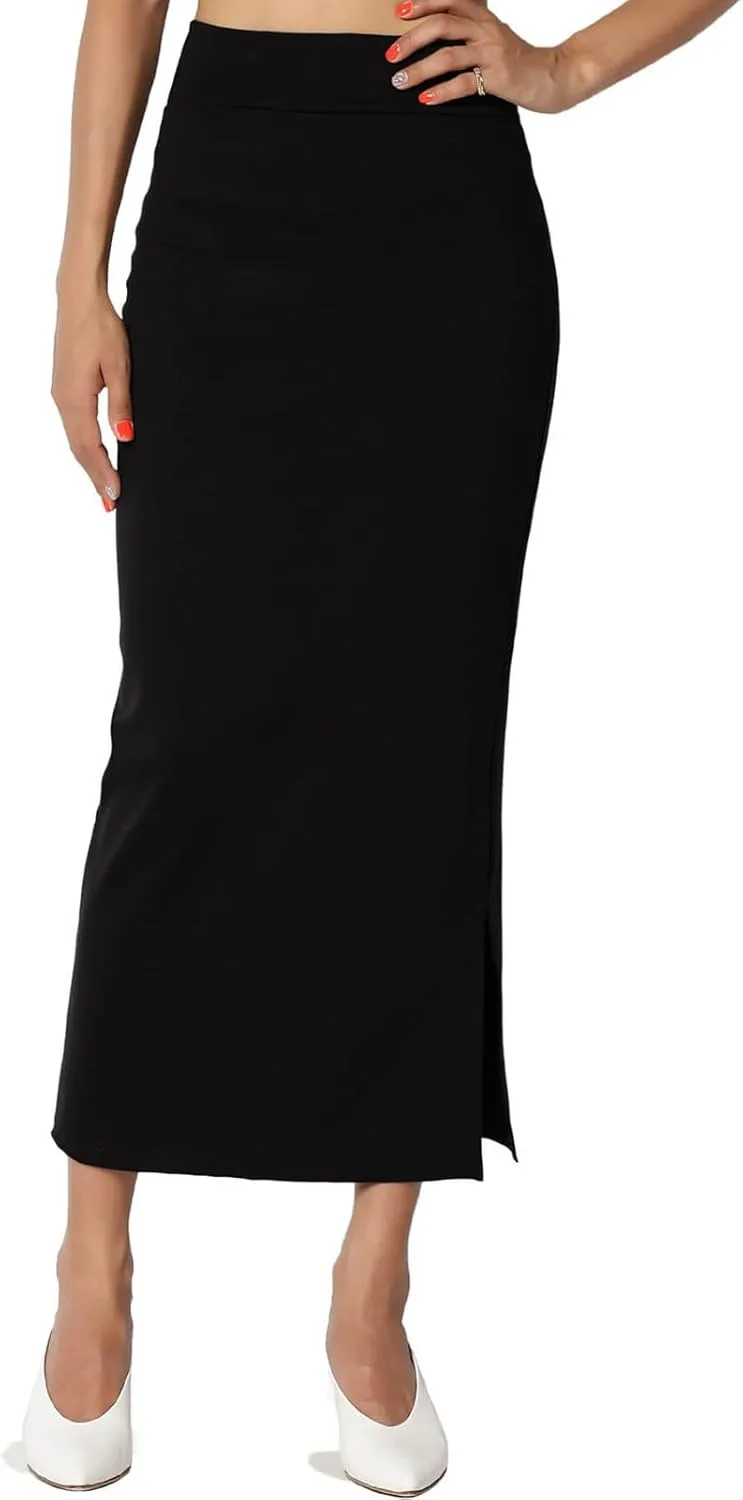 Women's S~3X Side Slit Ponte Knit High Waist Mid Calf Long Pencil Skirt Sweatshirt Skirt