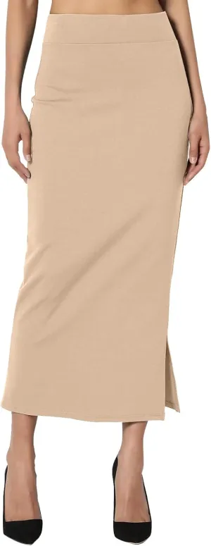 Women's S~3X Side Slit Ponte Knit High Waist Mid Calf Long Pencil Skirt Sweatshirt Skirt