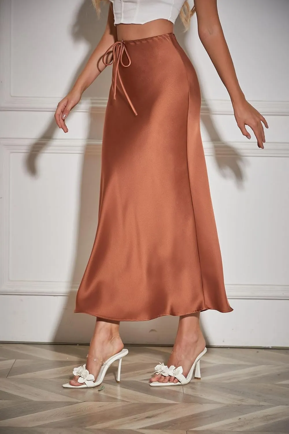 Women's Satin Silk Maxi Skirts High Waist Drawstring Elastic Casual A-Line Long Midi Skirt