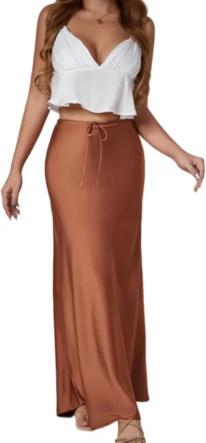 Women's Satin Silk Maxi Skirts High Waist Drawstring Elastic Casual A-Line Long Midi Skirt