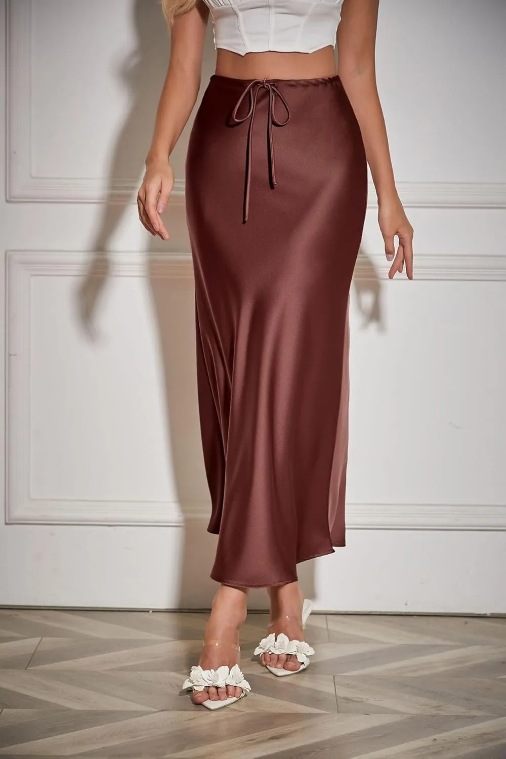 Women's Satin Silk Maxi Skirts High Waist Drawstring Elastic Casual A-Line Long Midi Skirt