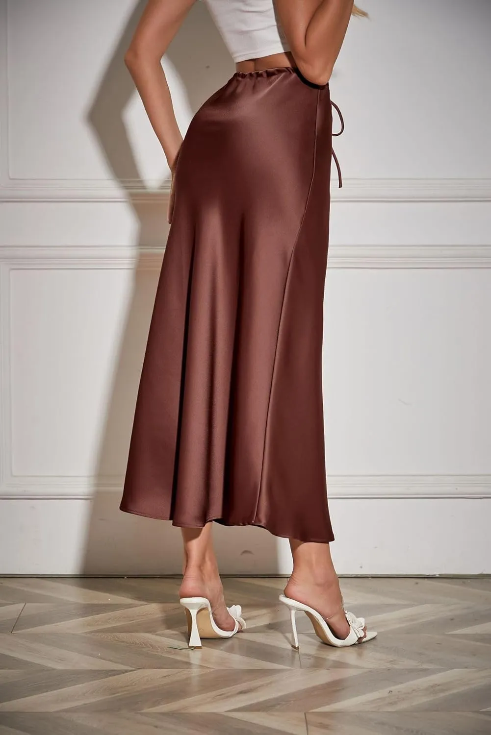 Women's Satin Silk Maxi Skirts High Waist Drawstring Elastic Casual A-Line Long Midi Skirt