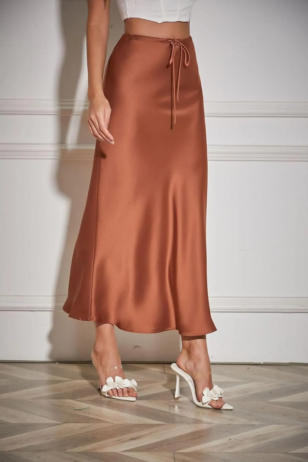 Women's Satin Silk Maxi Skirts High Waist Drawstring Elastic Casual A-Line Long Midi Skirt