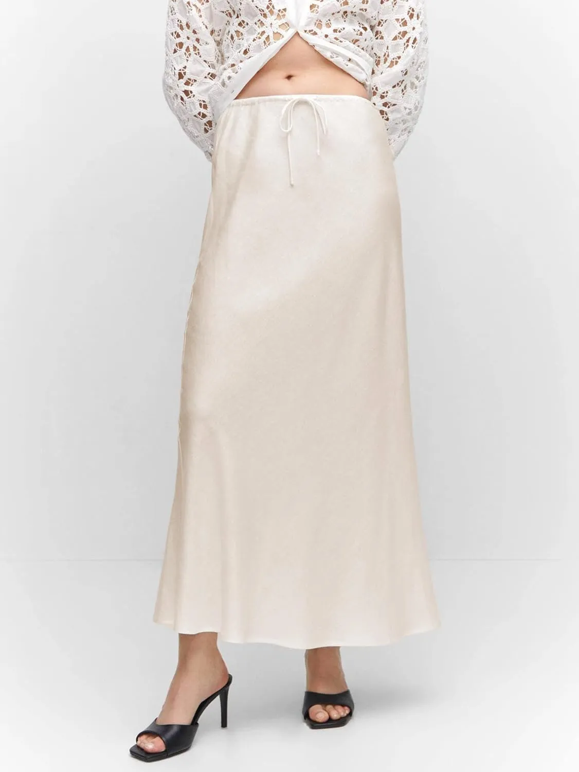 Women's Satin Silk Maxi Skirts High Waist Drawstring Elastic Casual A-Line Long Midi Skirt