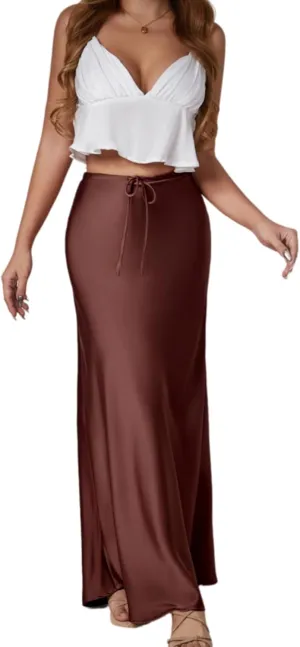 Women's Satin Silk Maxi Skirts High Waist Drawstring Elastic Casual A-Line Long Midi Skirt
