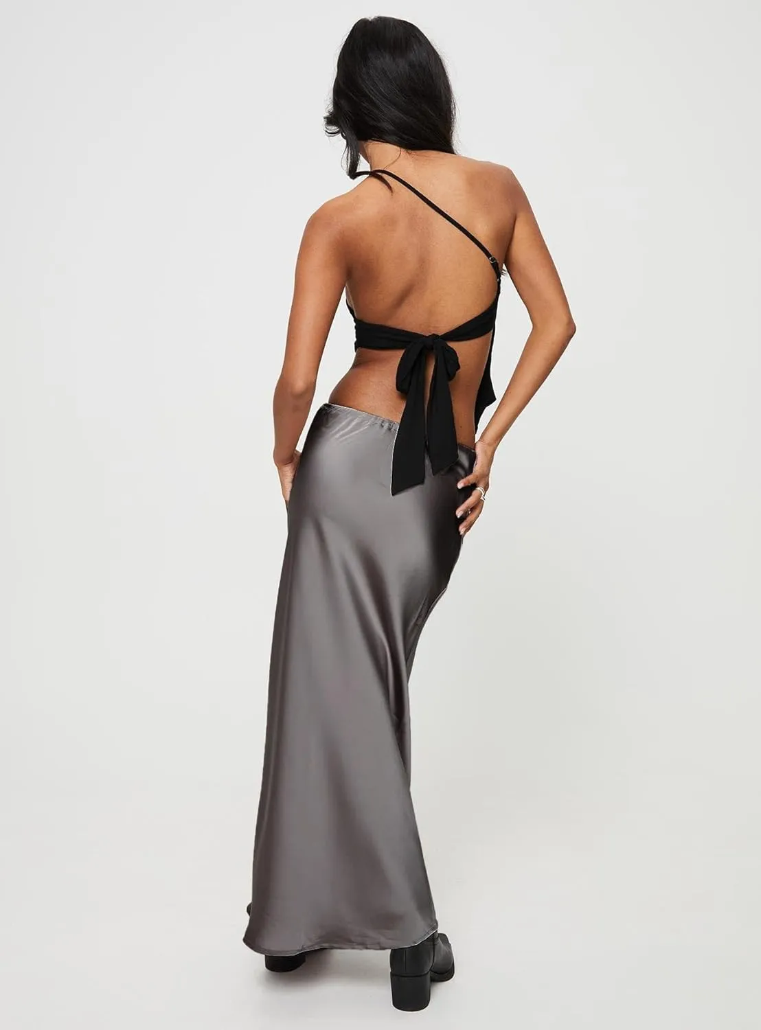 Women's Satin Silk Maxi Skirts High Waist Drawstring Elastic Casual A-Line Long Midi Skirt