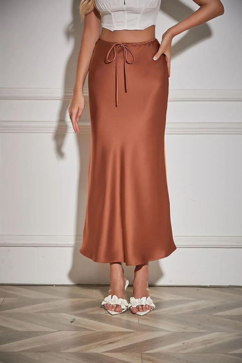 Women's Satin Silk Maxi Skirts High Waist Drawstring Elastic Casual A-Line Long Midi Skirt