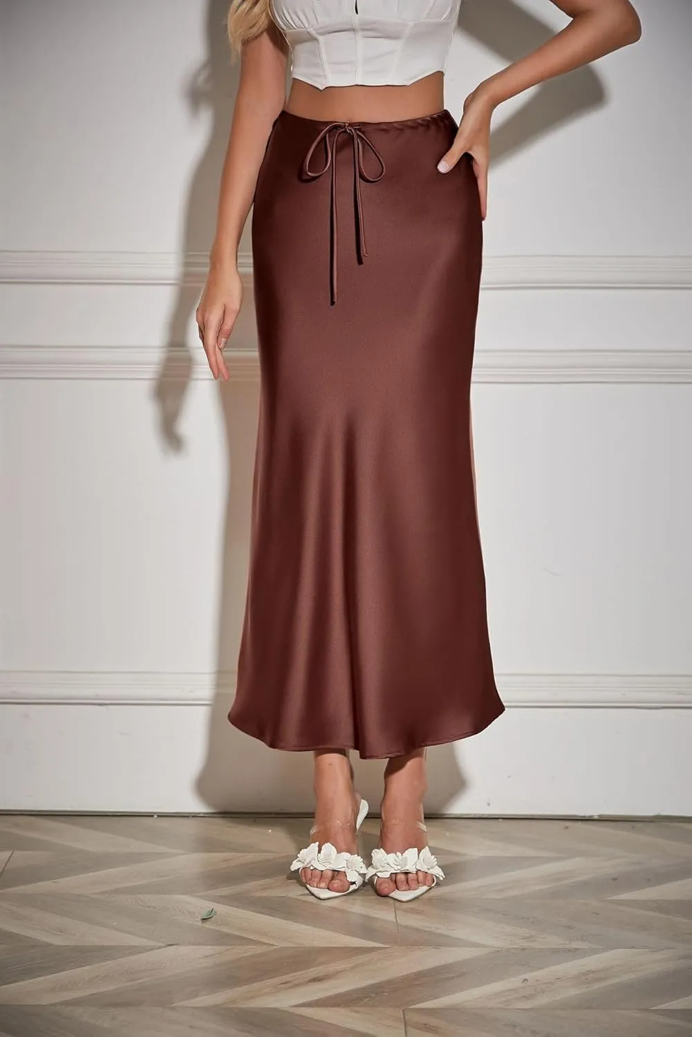 Women's Satin Silk Maxi Skirts High Waist Drawstring Elastic Casual A-Line Long Midi Skirt