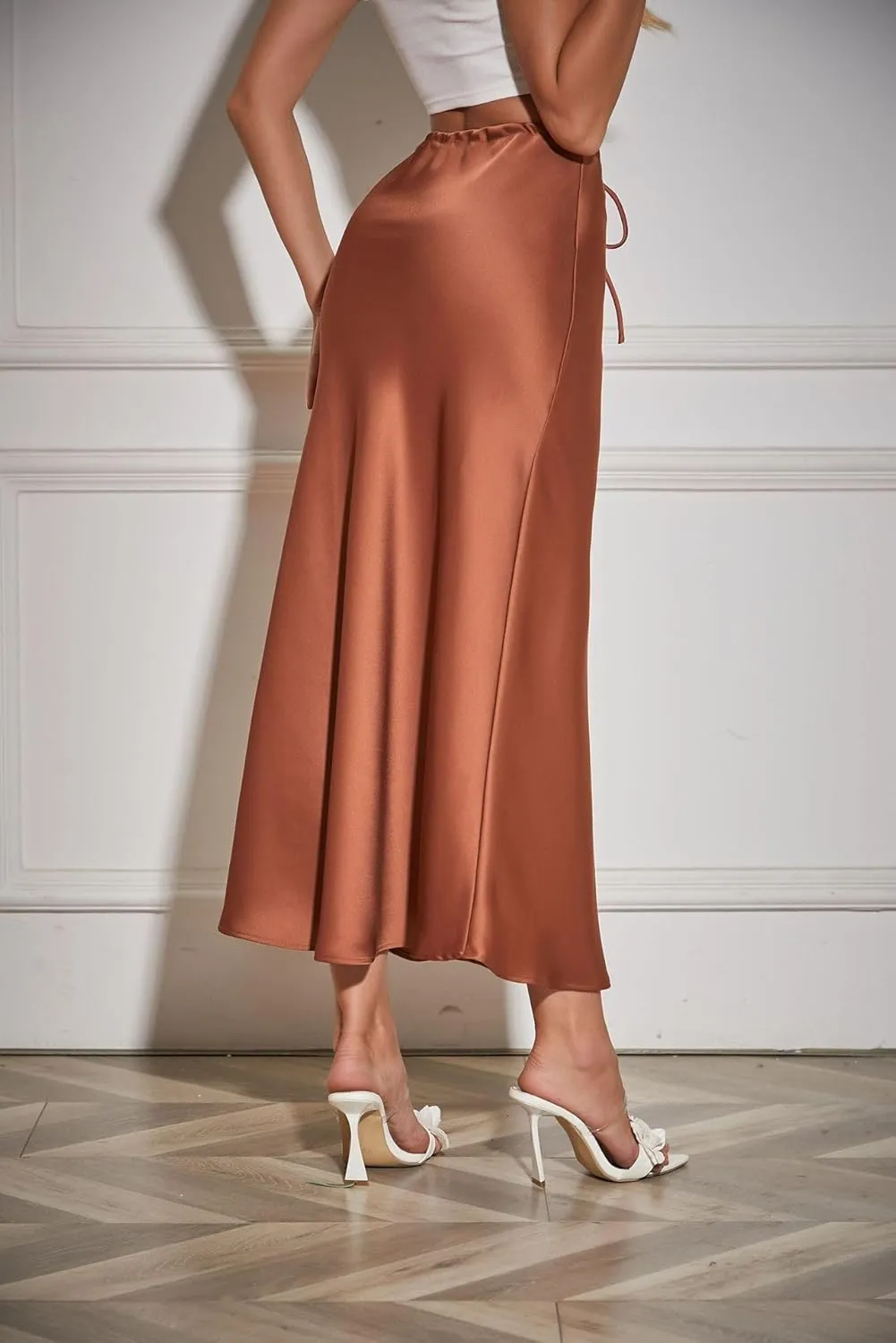 Women's Satin Silk Maxi Skirts High Waist Drawstring Elastic Casual A-Line Long Midi Skirt