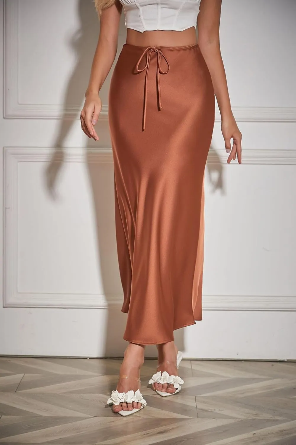 Women's Satin Silk Maxi Skirts High Waist Drawstring Elastic Casual A-Line Long Midi Skirt