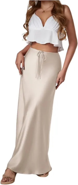 Women's Satin Silk Maxi Skirts High Waist Drawstring Elastic Casual A-Line Long Midi Skirt