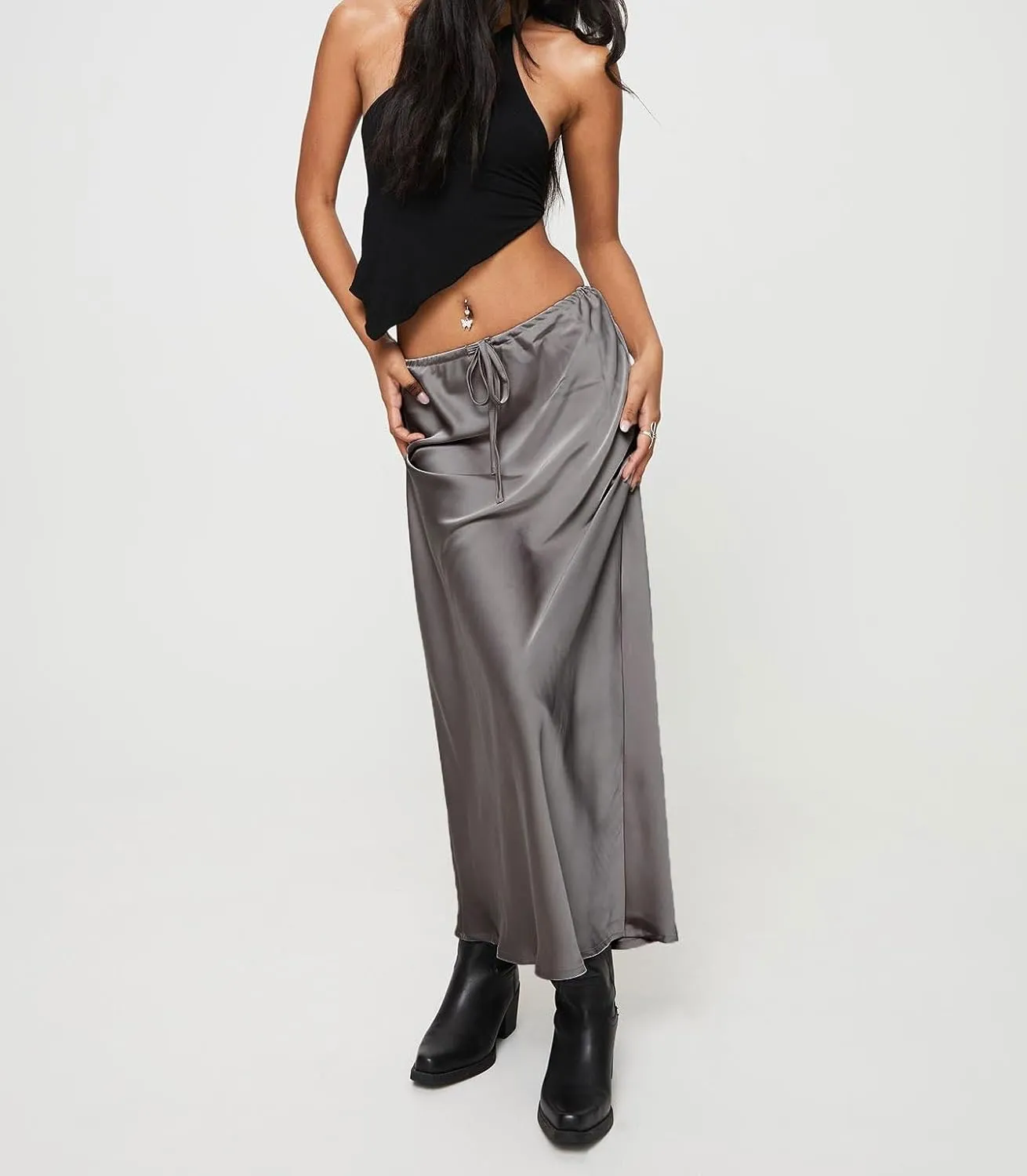 Women's Satin Silk Maxi Skirts High Waist Drawstring Elastic Casual A-Line Long Midi Skirt