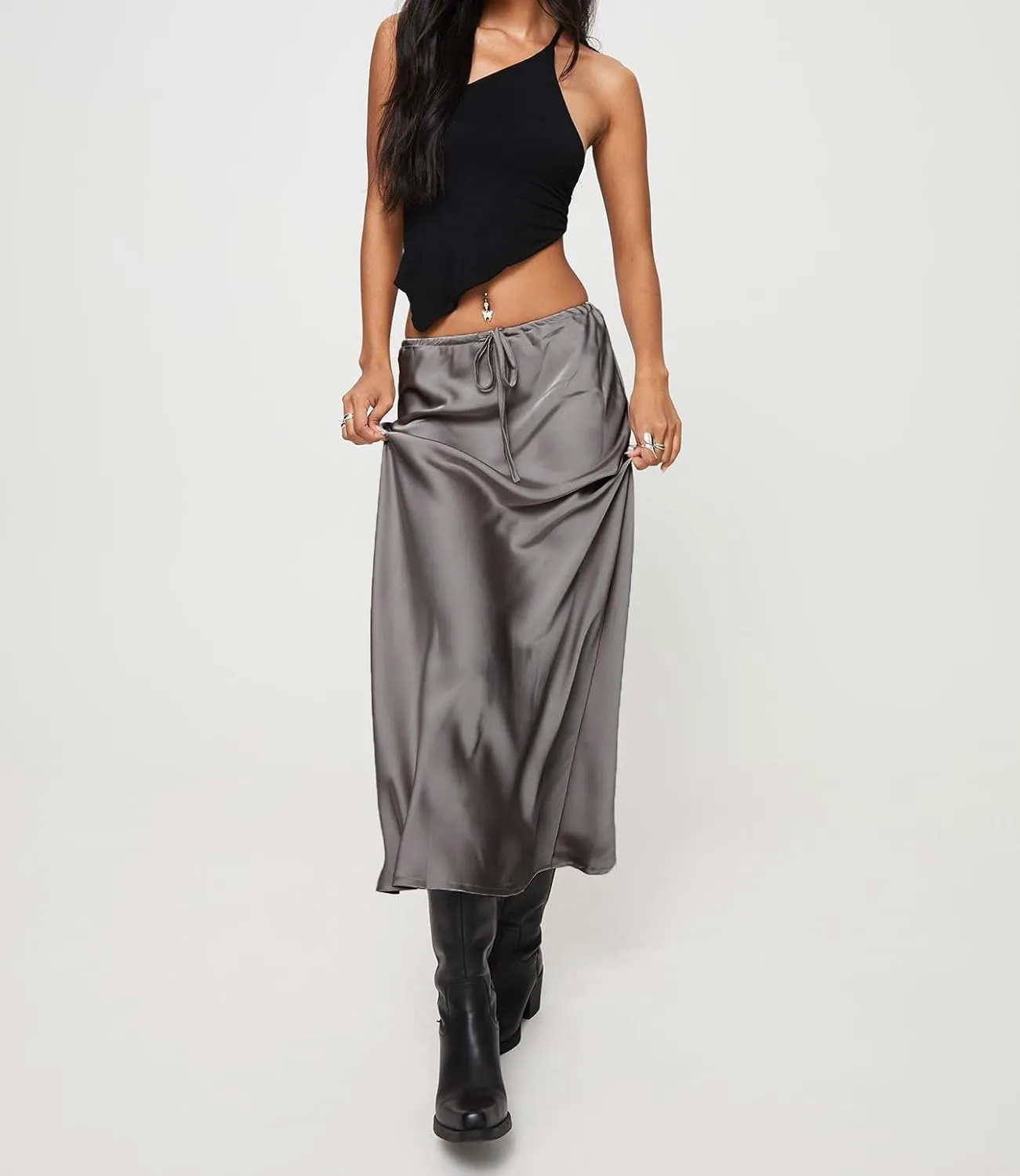 Women's Satin Silk Maxi Skirts High Waist Drawstring Elastic Casual A-Line Long Midi Skirt