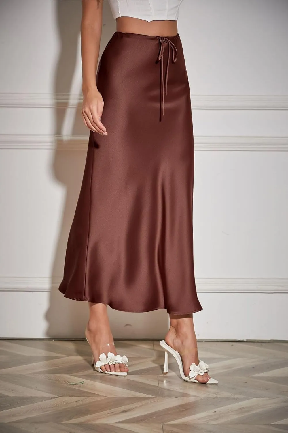 Women's Satin Silk Maxi Skirts High Waist Drawstring Elastic Casual A-Line Long Midi Skirt