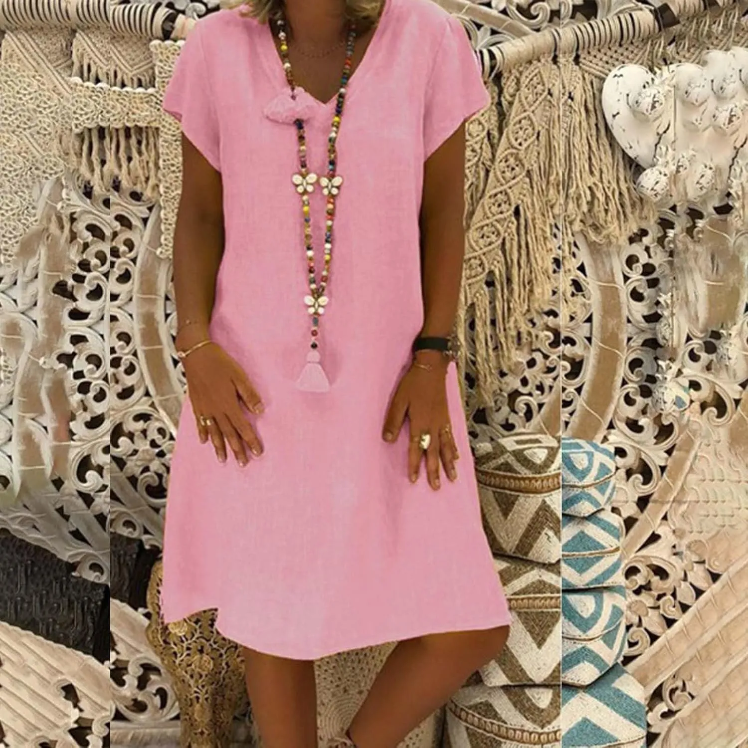 Womens Slim Dresses 2025 Ladies Summer Solid Cotton Linen Short Sleeve V-Neck Plus Size Mid-Calf Dress