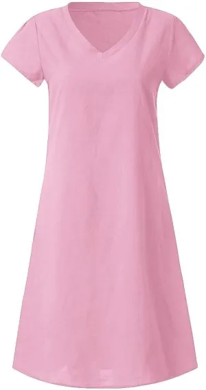 Womens Slim Dresses 2025 Ladies Summer Solid Cotton Linen Short Sleeve V-Neck Plus Size Mid-Calf Dress