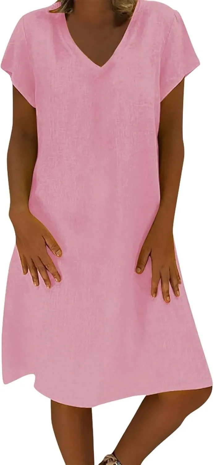 Womens Slim Dresses 2025 Ladies Summer Solid Cotton Linen Short Sleeve V-Neck Plus Size Mid-Calf Dress