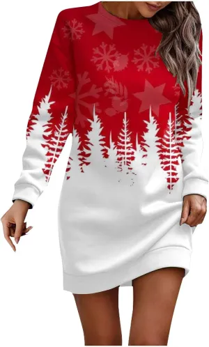 Women's Spring Dresses 2024 Round Neck Printed Long Sleeve Wrap Hip Mini Sweatshirt Dress, S-3XL