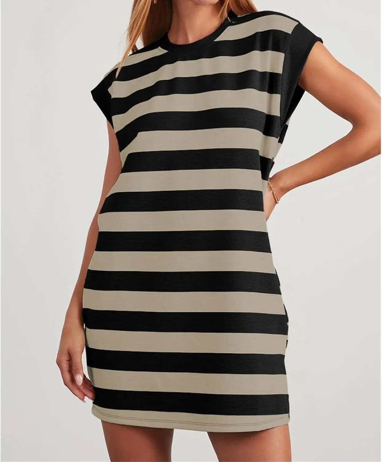 Womens Striped Dress 2025 Casual Summer Crewneck Cap Sleeve Mini Dresses Short A Line Shirt Dress with Pockets