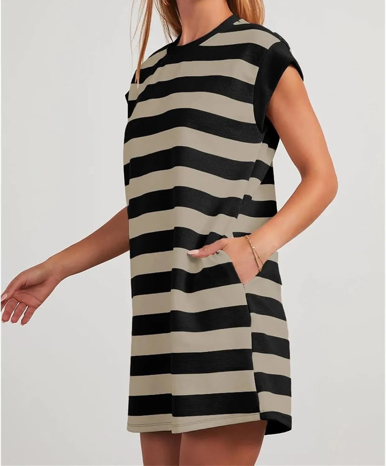 Womens Striped Dress 2025 Casual Summer Crewneck Cap Sleeve Mini Dresses Short A Line Shirt Dress with Pockets