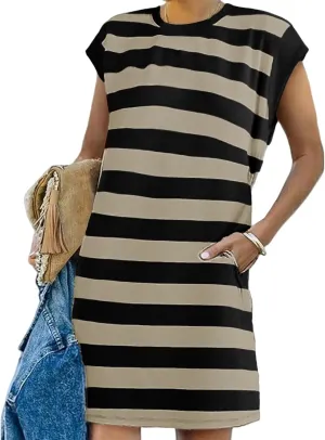 Womens Striped Dress 2025 Casual Summer Crewneck Cap Sleeve Mini Dresses Short A Line Shirt Dress with Pockets