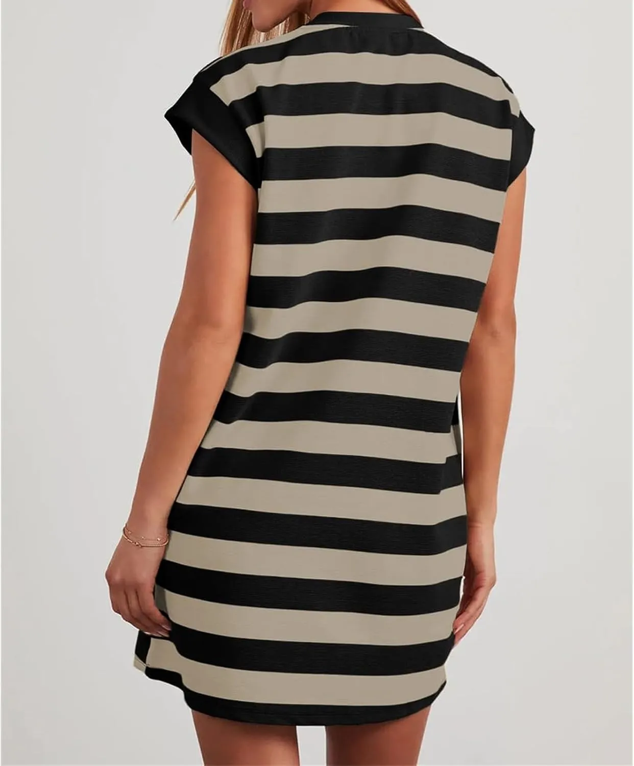 Womens Striped Dress 2025 Casual Summer Crewneck Cap Sleeve Mini Dresses Short A Line Shirt Dress with Pockets