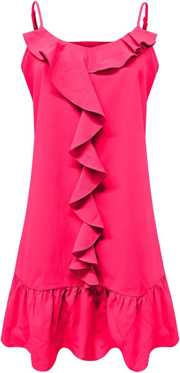 Women's Summer Beach Mini Dress V Neck Sleeveless Ruffle Trim Sundresses Solid Color Casual Loose Flowy Dresses