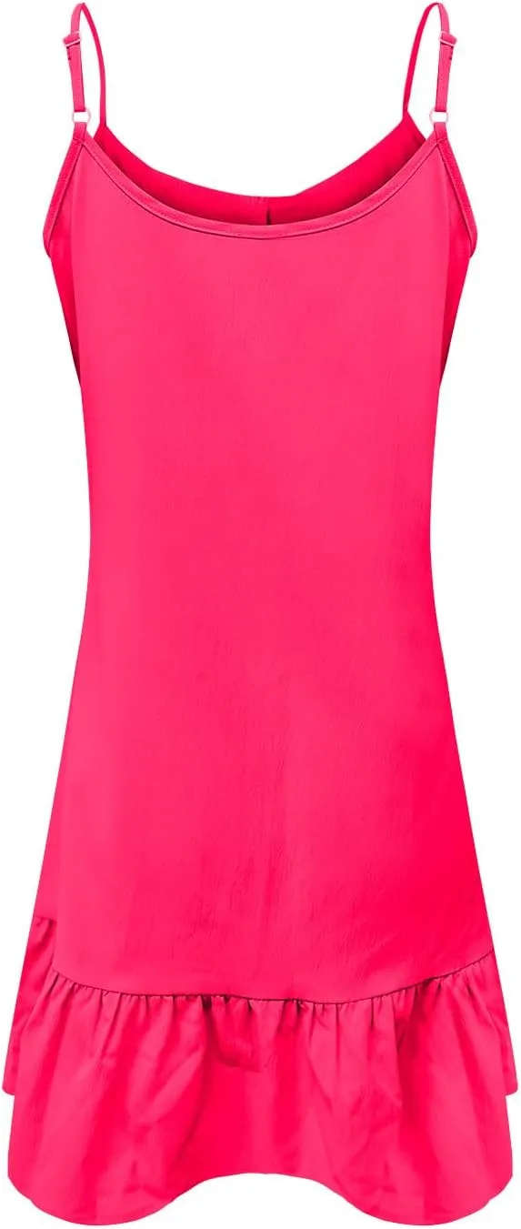 Women's Summer Beach Mini Dress V Neck Sleeveless Ruffle Trim Sundresses Solid Color Casual Loose Flowy Dresses