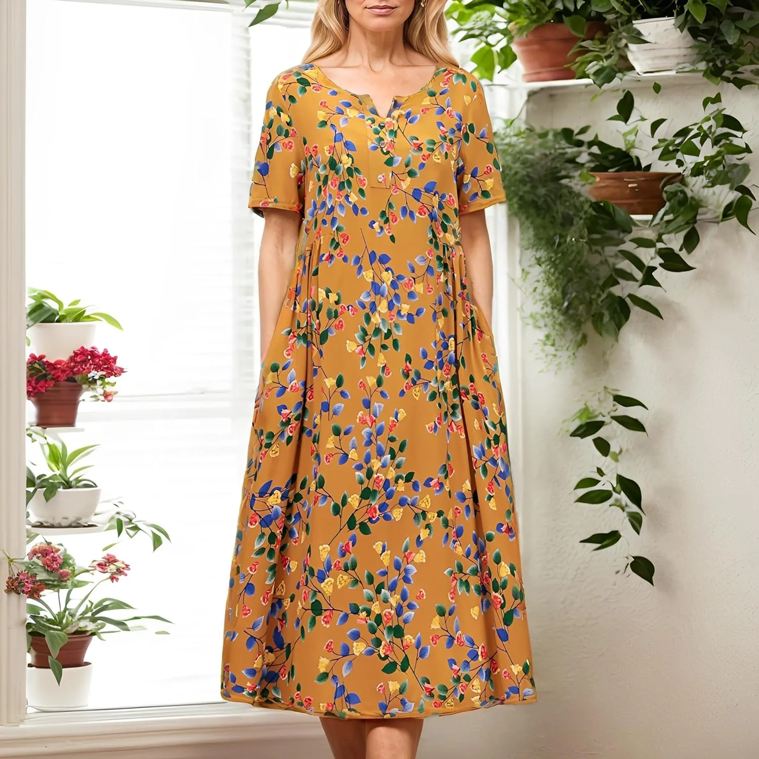 Women's Summer Boho Floral Print Short Sleeve Tunic Dresses Loose Notched V Neck Aline Flowy Midi Dress with 2 Pockets