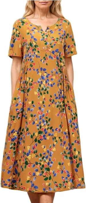 Women's Summer Boho Floral Print Short Sleeve Tunic Dresses Loose Notched V Neck Aline Flowy Midi Dress with 2 Pockets