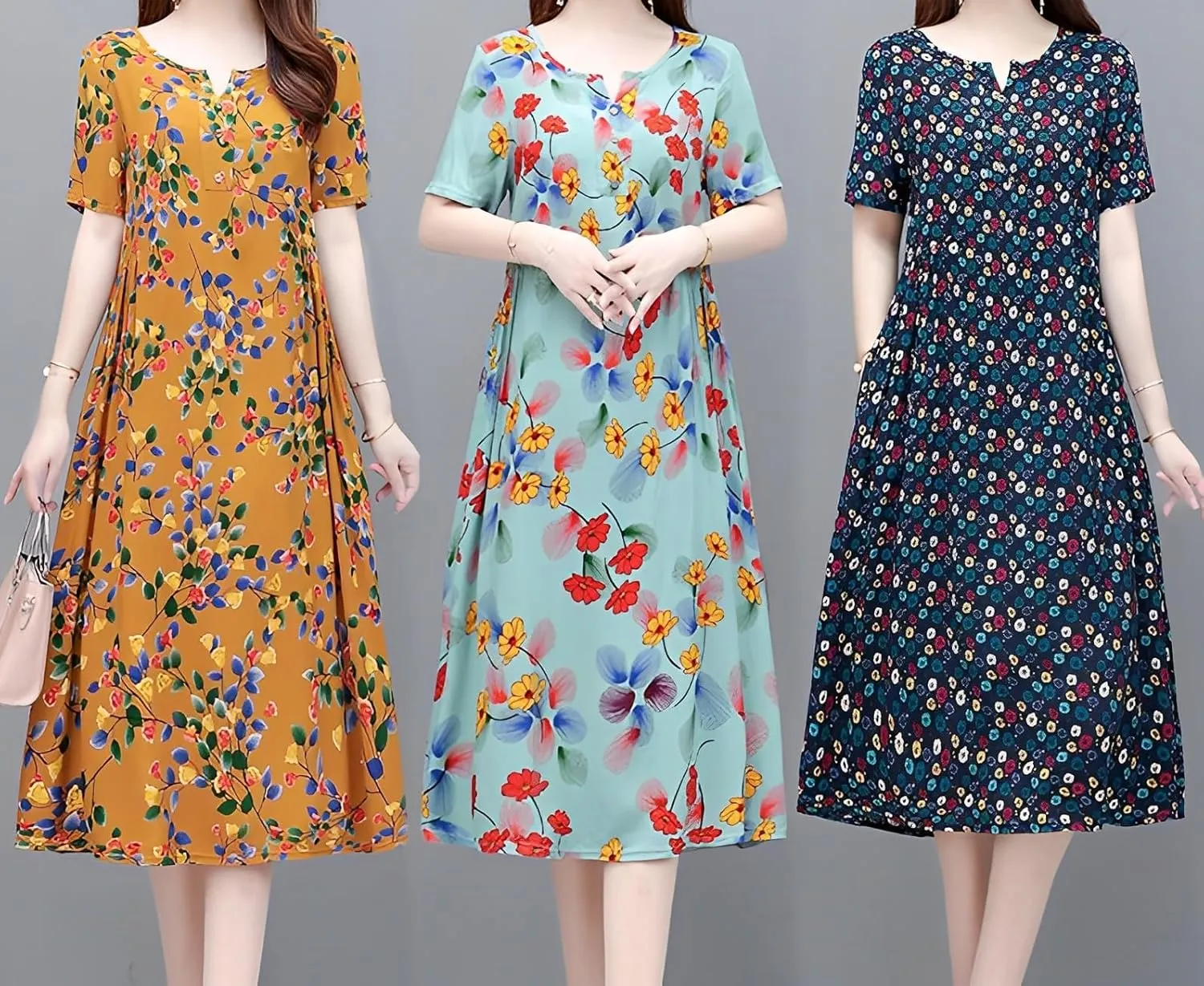 Women's Summer Boho Floral Print Short Sleeve Tunic Dresses Loose Notched V Neck Aline Flowy Midi Dress with 2 Pockets
