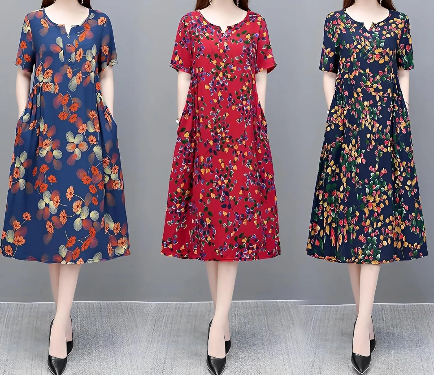 Women's Summer Boho Floral Print Short Sleeve Tunic Dresses Loose Notched V Neck Aline Flowy Midi Dress with 2 Pockets