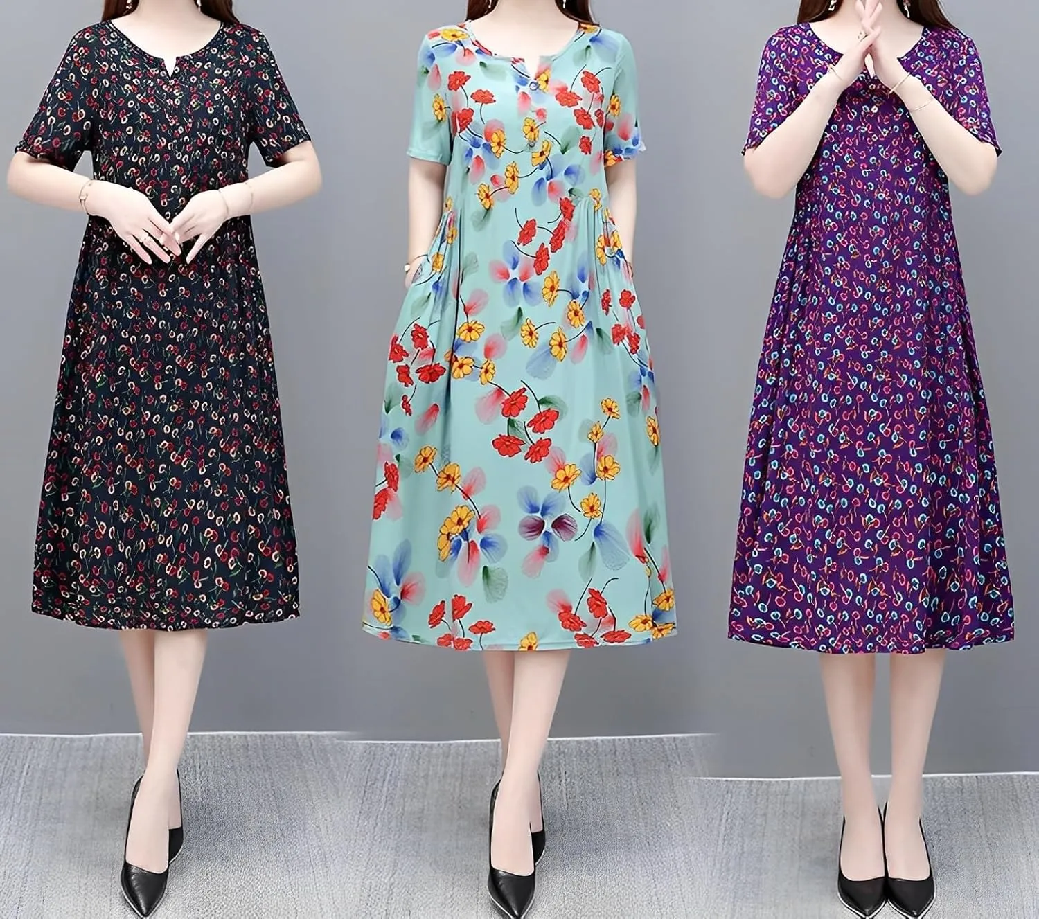 Women's Summer Boho Floral Print Short Sleeve Tunic Dresses Loose Notched V Neck Aline Flowy Midi Dress with 2 Pockets