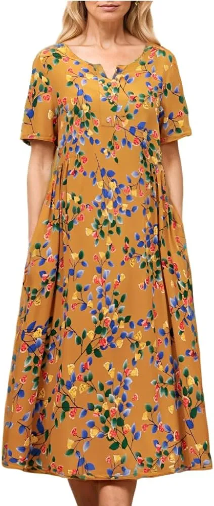 Women's Summer Boho Floral Print Short Sleeve Tunic Dresses Loose Notched V Neck Aline Flowy Midi Dress with 2 Pockets