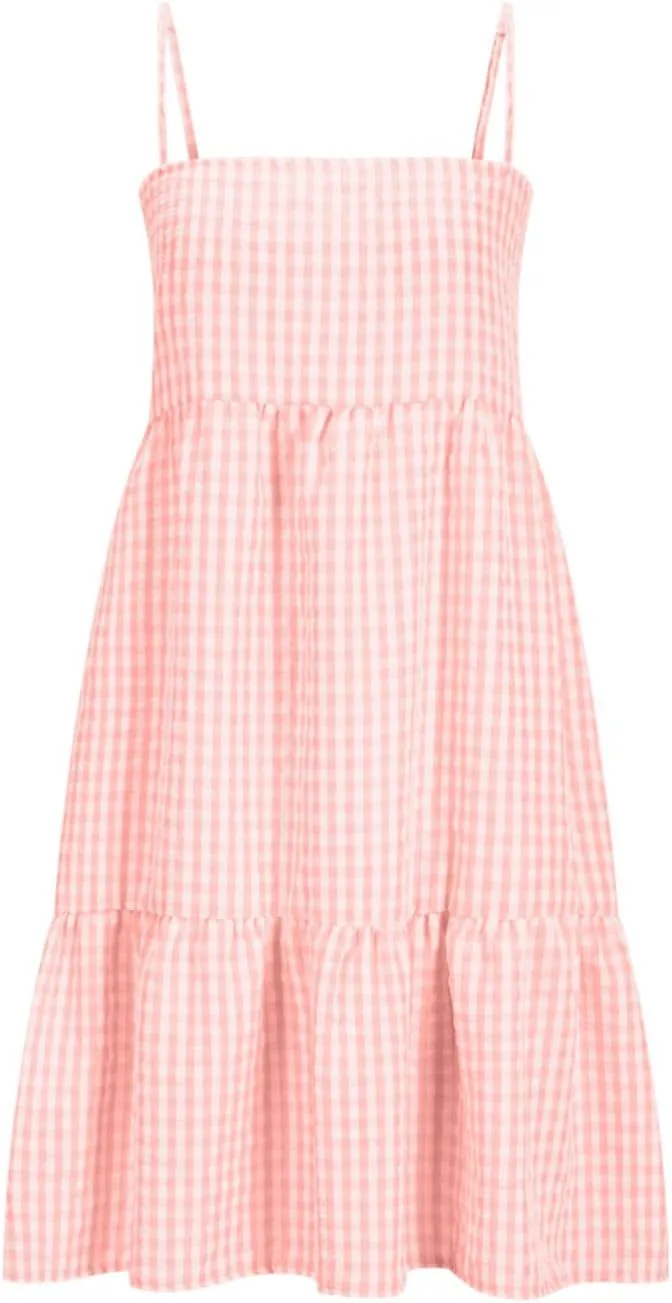 Women's Summer Boho Mini Dress Plaid Square Neck Tiered Tunic Dresses Ruffle Flowy Beach Vacation Sundress Pockets