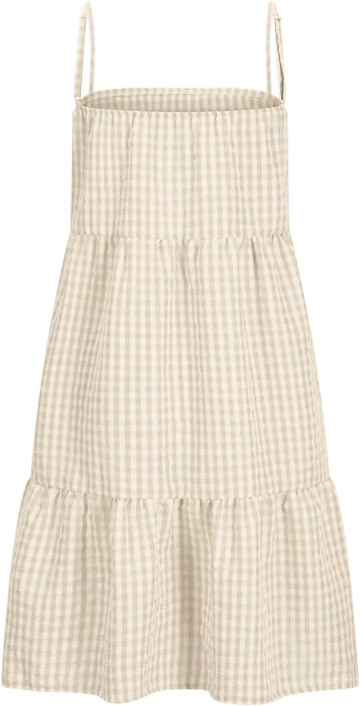 Women's Summer Boho Mini Dress Plaid Square Neck Tiered Tunic Dresses Ruffle Flowy Beach Vacation Sundress Pockets