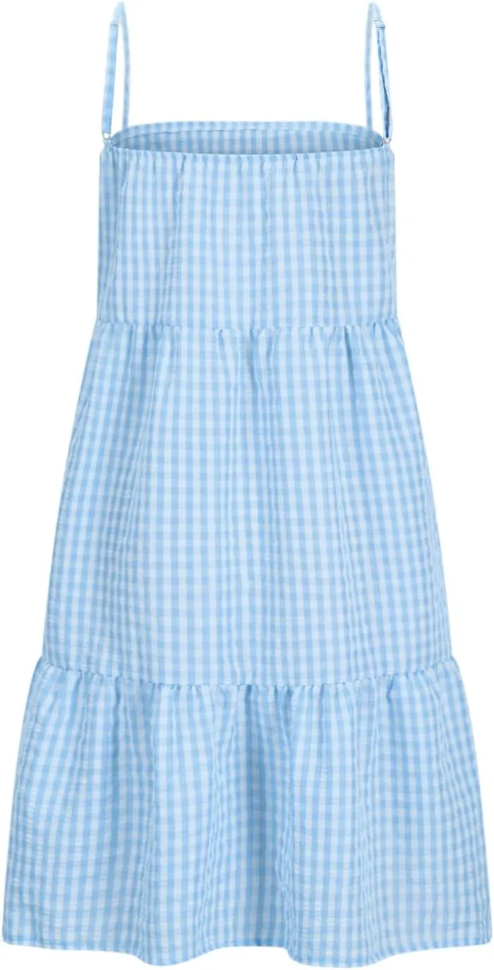 Women's Summer Boho Mini Dress Plaid Square Neck Tiered Tunic Dresses Ruffle Flowy Beach Vacation Sundress Pockets