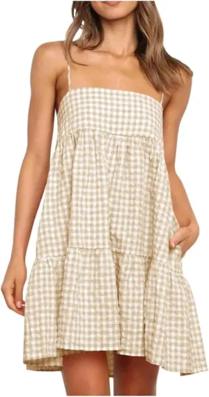 Women's Summer Boho Mini Dress Plaid Square Neck Tiered Tunic Dresses Ruffle Flowy Beach Vacation Sundress Pockets